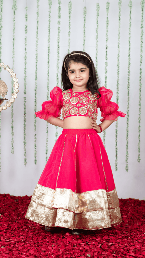 Pre-Order: Pink Gota Embroidered Blouse with Double Layered Ghaghra