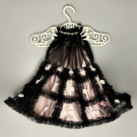 Pre-Order: Flower and Pearl Embellished Ruffle Frilly Black Dress