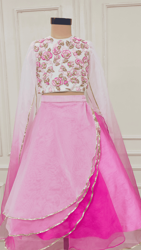 Pre-Order: Pink Ombre Shaded Embroidered Flower Ghaghra