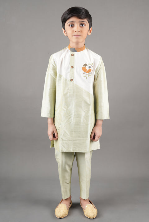 Pre-Order: Bird Pair Embroidered Kurta with Pant Style Pajama