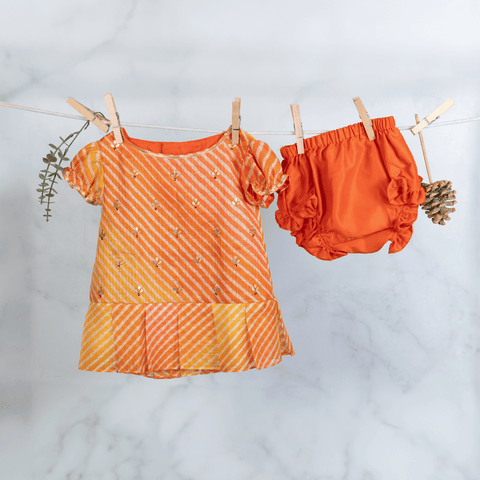 Pre-Order: ORANGE LEHERIYA FROCK WITH BLOOMER