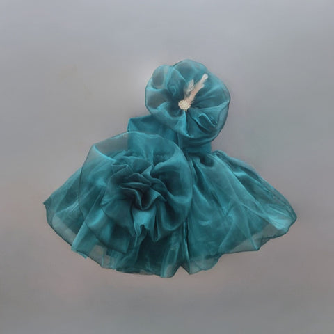 Pre-Order: Teal Blue Dress with Organza Flower Enhanced Shoulder and Ghera