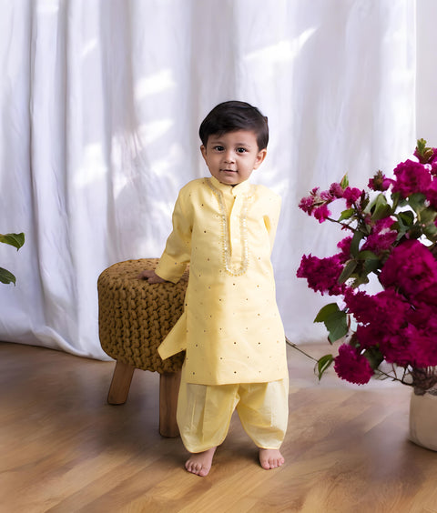 Pre-Order: Yellow Mukesh Work Kurta with Dhoti