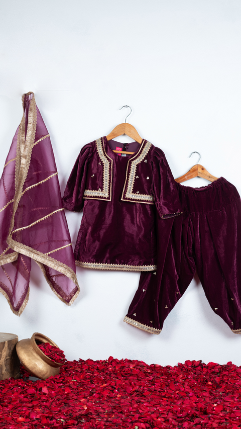 Pre-Order: Wine Jacket Style Kurti With Salwar And Dupatta