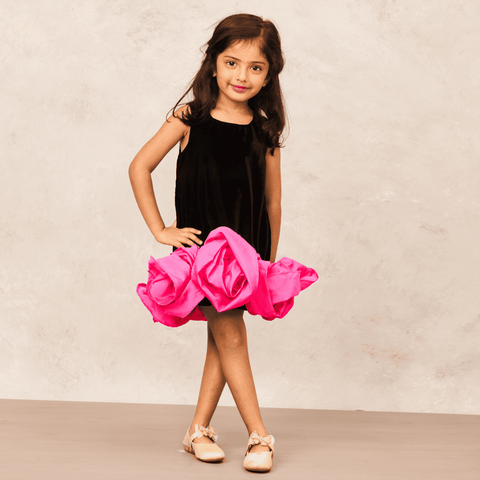 Pre-Order: Boho Black Velvet Dress with Pink Flowers