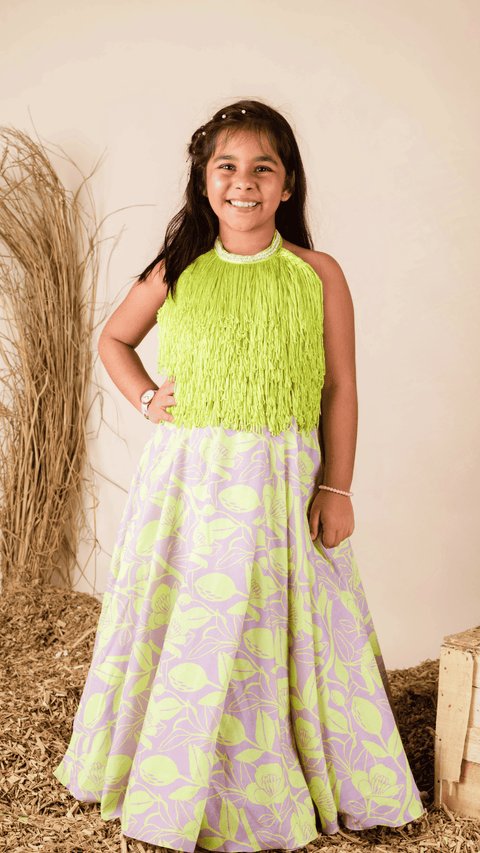 Pre-Order: Lilac Green Fringe Ghaghra Set