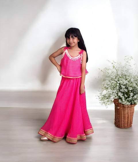 Pre-Order: Pink Bandhej Top with Skirt