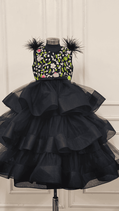 Pre-Order: Black Embroidered Ruffle Gown