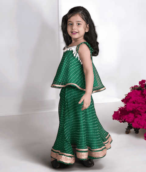 Pre-Order : Green Bandhej Top with Skirt