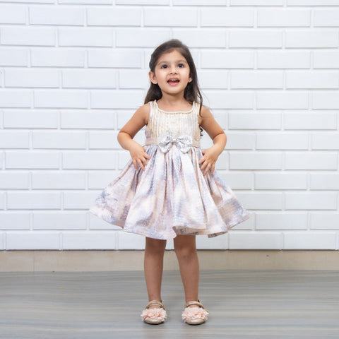 Pre-Order: Lavish Printed Dress with Sequins Embroidered Bow