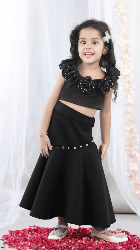 Pre-Order: Fabric Flower embllished Top with flaired Lehenga