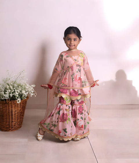 Pre-Order: Peach Printed Kurti with Sharara