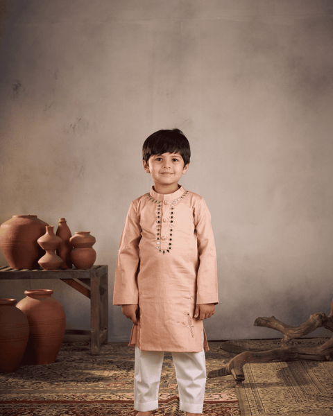 Pre-Order - PEACH MIRROR WORK BIRD KURTA