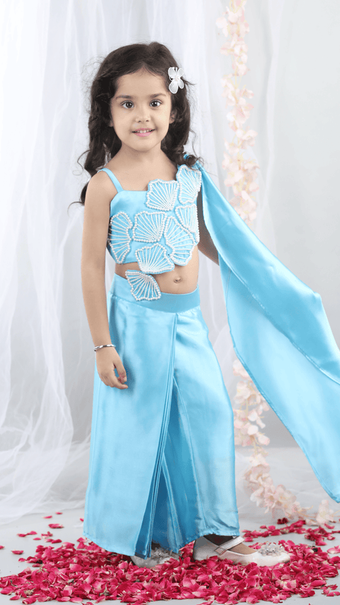 Pre-Order: Pearl embroidered sea shell embillished top with attached Dupatta and stitched Dhoti