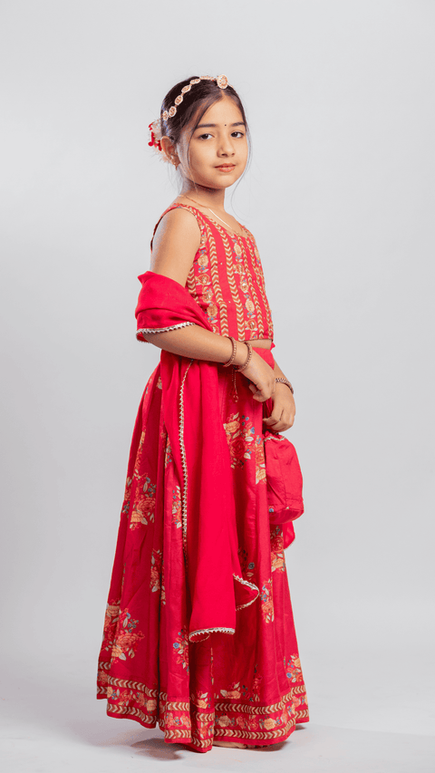 Pre-Order: RED BIG FLORAL PRINTED LEHENGA SET