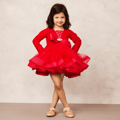Pre-Order: Red velvet dress with bow accent