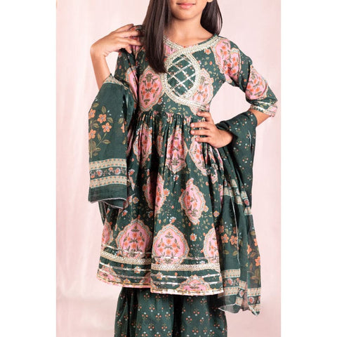 Aatya Kiids Cotton Half Sleeves Floral Printed Kurti with Sharara - Green.