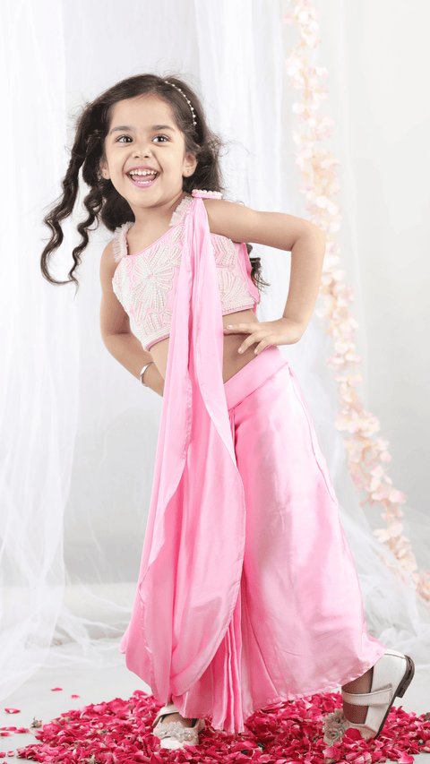 Pre-Order:Pearl embroidered   top with Dupatta and stitched Dhoti