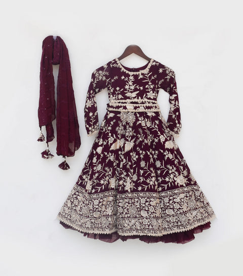 Pre Order: Burgandy Parsi work Anarkali