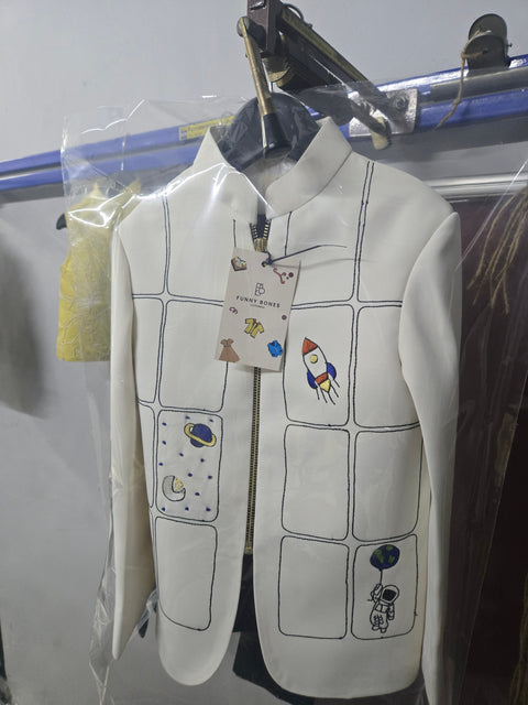 Pre-Order: The Space Themed Off White Colour  Zipper Bomber Jacket with Black pants
