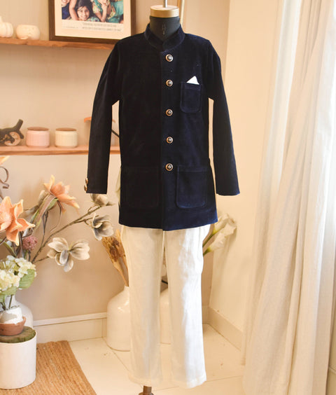 Pre-order:  Blue Velvet Bandgala with Chudidar Set for Boys