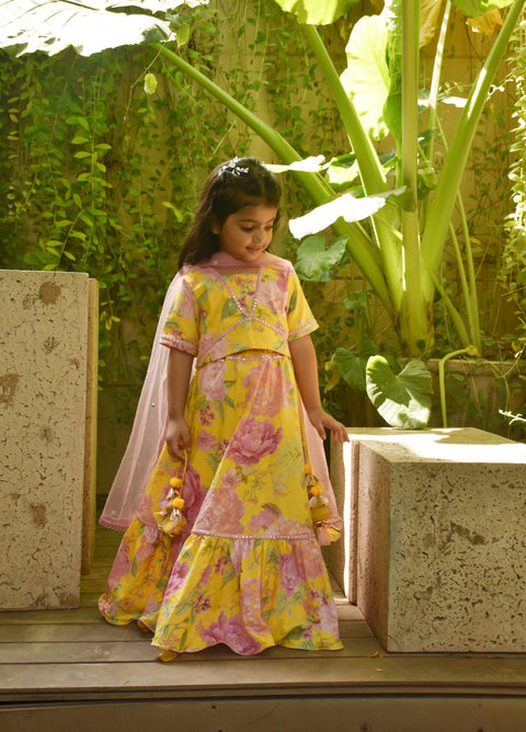 Pre Order: Yellow Floral Print Crop top & Skirt set