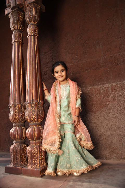 Pre Order: Green Embroidery Kurti Sharara