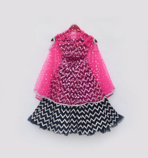 Pre Order: Hot Pink Cape with Dark Blue Lehenga Choli