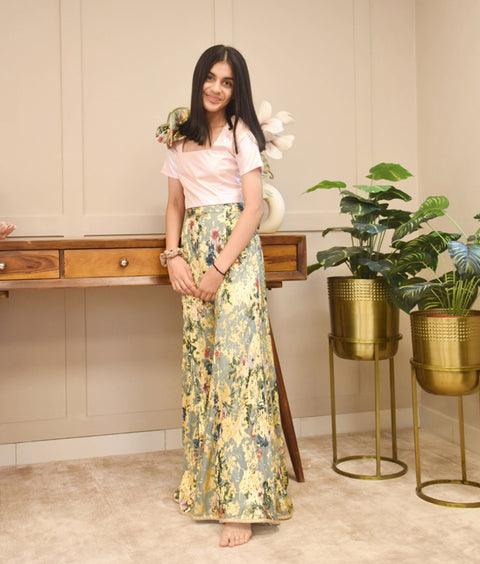 Pre-Order - Baby Pink Crop Top with Printed Pant  for Girls