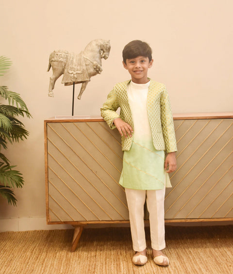 Pre-Order - Pista Green Brocade Jacket with Kurta and Pant  for Boys