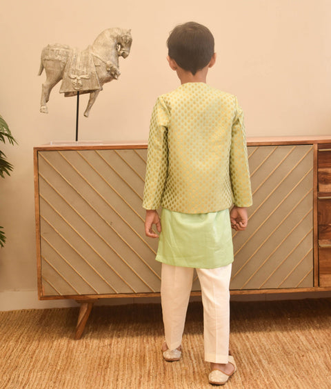Pre-Order - Pista Green Brocade Jacket with Kurta and Pant  for Boys