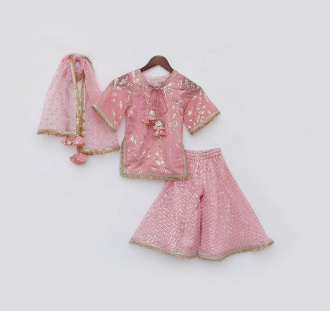 Pre Order: Peach Sequence Embroidery Kurti Sharara