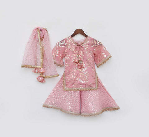 Pre Order: Peach Sequence Embroidery Kurti Sharara