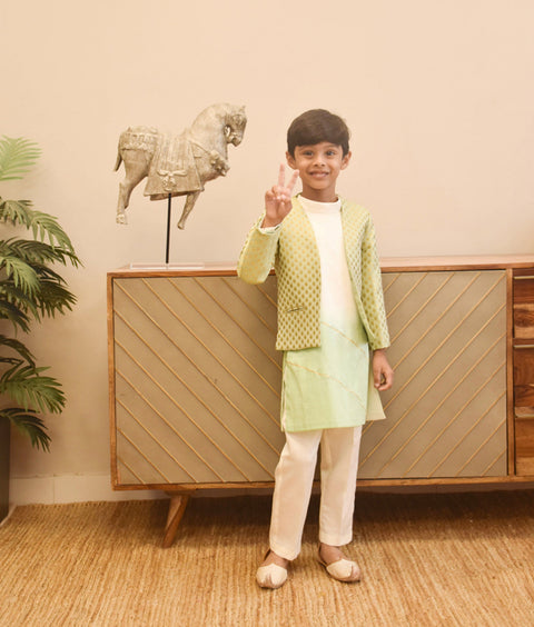 Pre-Order - Pista Green Brocade Jacket with Kurta and Pant  for Boys