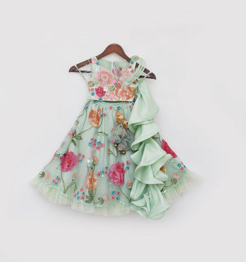 Pre Order: Pista Green Embroidered Crop Top Skirt