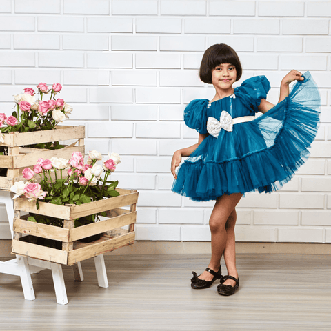 Pre-Order: Puff Sleeves and Ruffle Hem Blue Fancy Dress