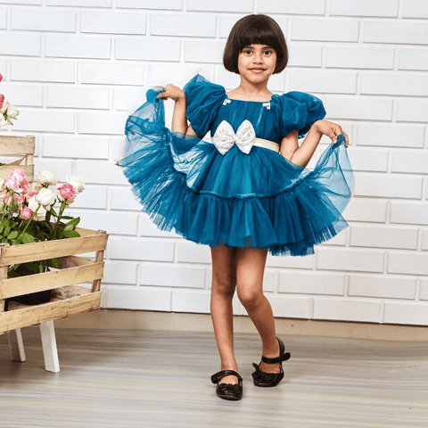 Pre-Order: Puff Sleeves and Ruffle Hem Blue Fancy Dress
