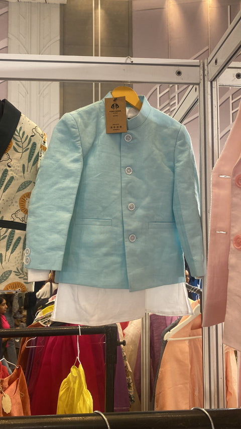 Pre-Order: Solid Sky Blue Pure Linen Bandgala Blazer with White Kurta Pajama  Set