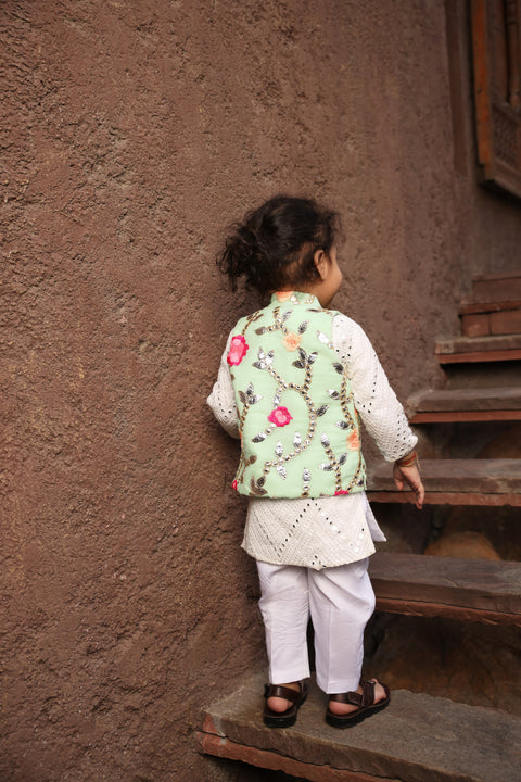 Pre Order: Pista Green Gotta Embroidery Jacket And White Mirror Kurta Pant