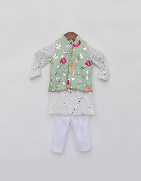 Pre Order: Pista Green Gotta Embroidery Jacket And White Mirror Kurta Pant