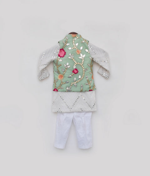 Pre Order: Pista Green Gotta Embroidery Jacket And White Mirror Kurta Pant