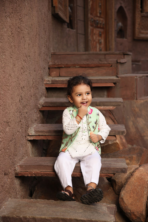 Pre Order: Pista Green Gotta Embroidery Jacket And White Mirror Kurta Pant