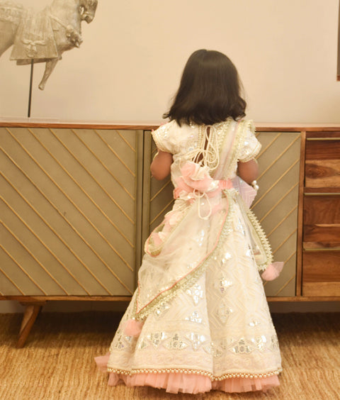 Pre-Order - Off White Thread and Gota Embroidery Lehenga Choli with Peach Fall  for Girls