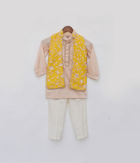 Pre Order: Yellow Parsi work Jacket with Kurta and Pant