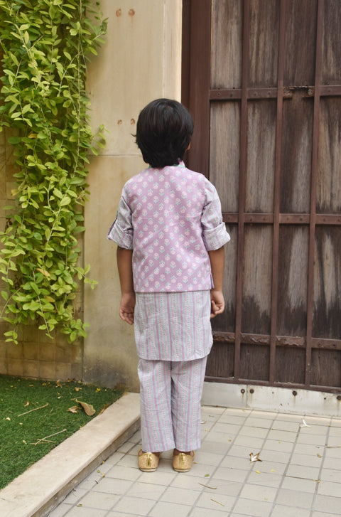 Pre Order: Lilac Printed Nehru Jacket with Kurta and Pant