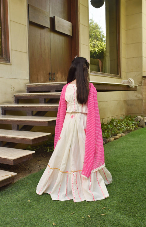 Pre Order: Off-White Embroidered Crop Top & Skirt