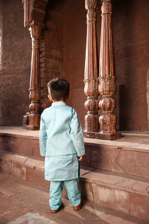 Pre Order: Blue Embroidered Nehru Jacket with Kurta and Pant