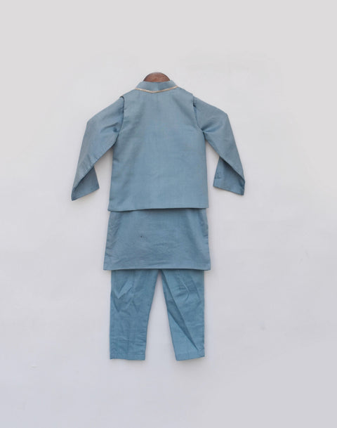 Pre Order: Blue Embroidered Nehru Jacket with Kurta and Pant
