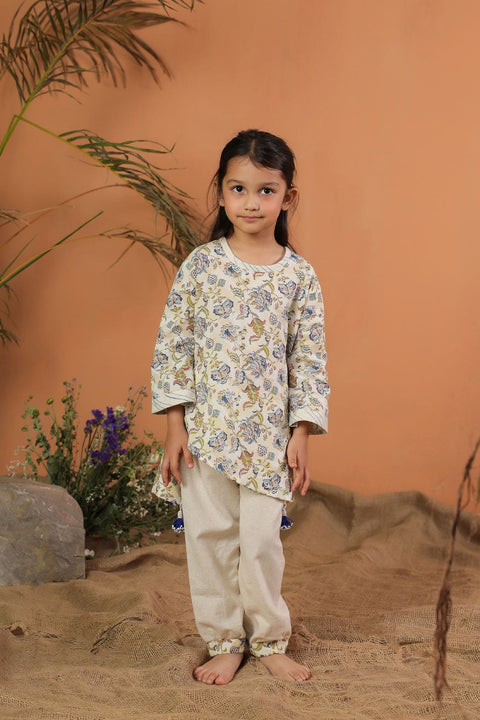 Pre-Order: GIRL FLORAL HEMMING KURTA SET-BEIGE