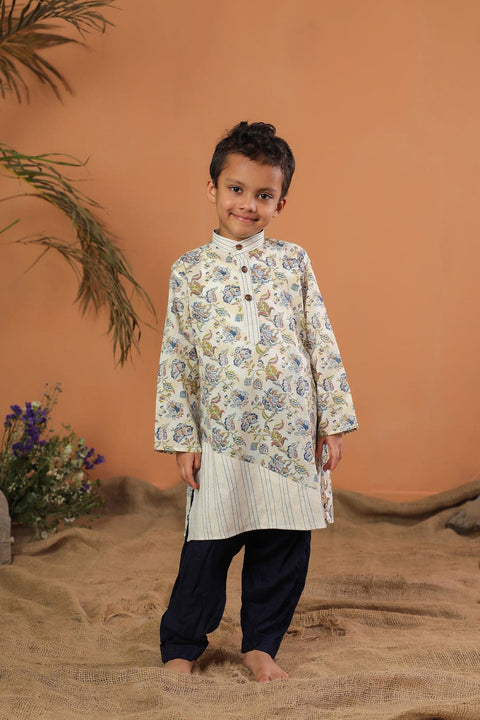 Pre-Order- Boys Floral Hemming Kurta Set- Beige